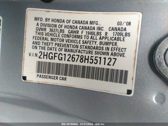 2008 HONDA CIVIC CPE LX VIN: 2HGFG12678H551127