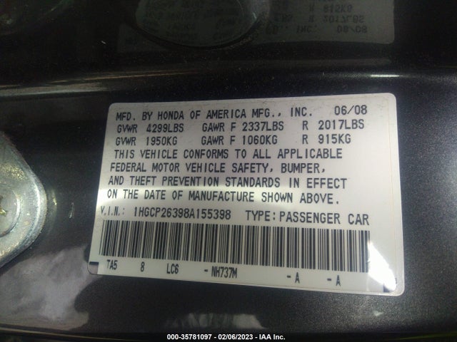 2008 HONDA ACCORD SDN LX VIN: 1HGCP26398A155398
