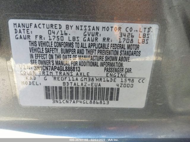 3N1CN7AP4GL886813 Nissan Versa S Plus