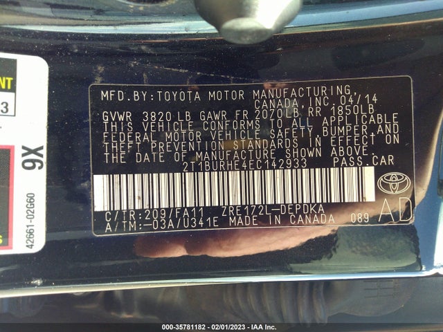 2014 TOYOTA COROLLA L/LE/S/S PLUS/LE PLUS VIN: 2T1BURHE4EC142933