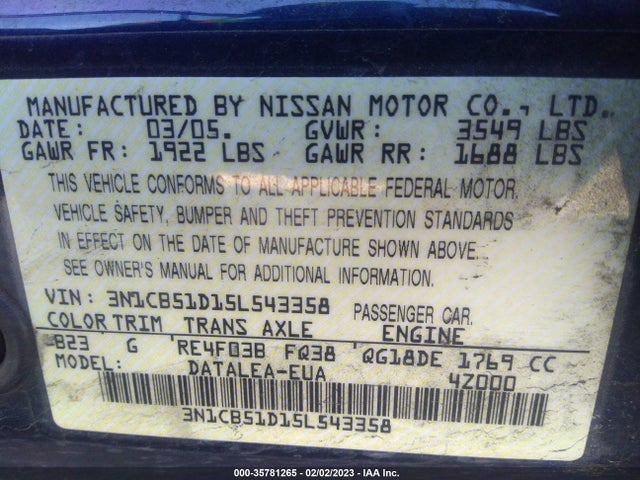 2005 NISSAN SENTRA 1.8 S VIN: 3N1CB51D15L543358