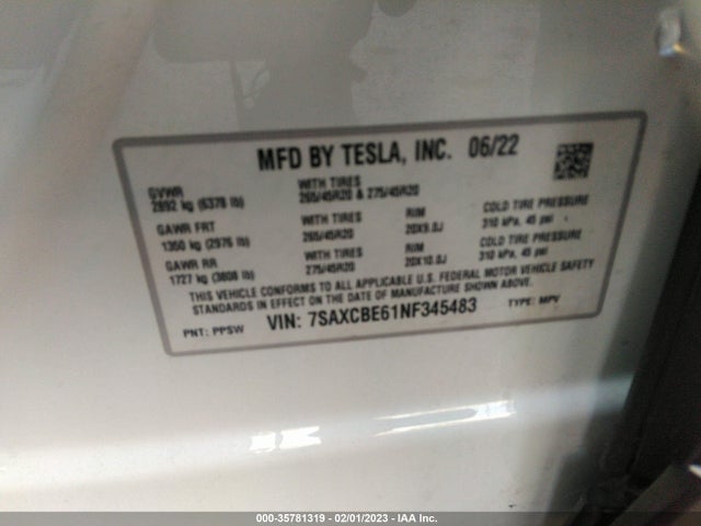 2022 Tesla Model X, VIN: 7SAXCBE61NF345483