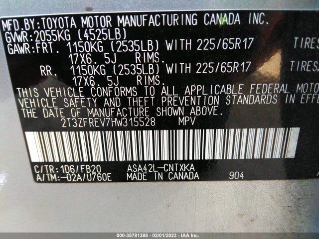 2017 TOYOTA RAV4 LE VIN: 2T3ZFREV7HW315528