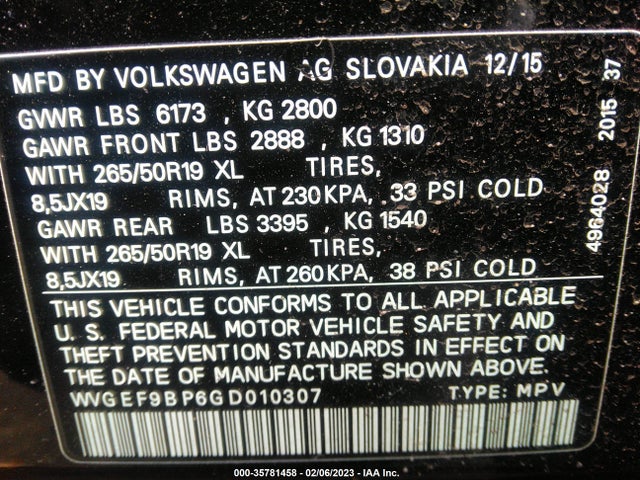 2016 Volkswagen Touareg, VIN: WVGEF9BP6GD010307