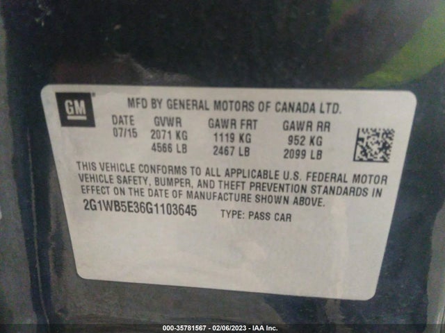 2016 CHEVROLET IMPALA LIMITED LT VIN: 2G1WB5E36G1103645