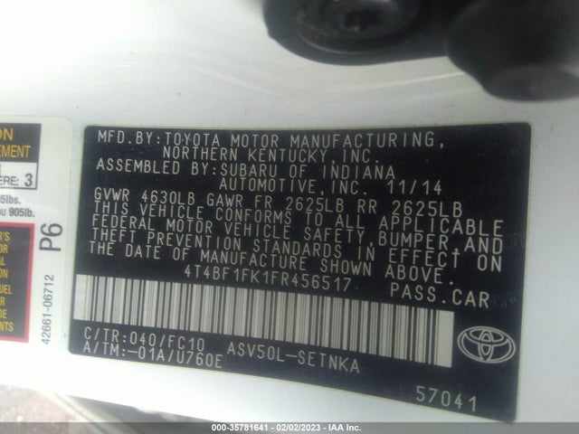 2015 TOYOTA CAMRY XLE/SE/LE/XSE VIN: 4T4BF1FK1FR456517