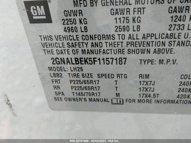 Chevrolet EQUINOX LT 2015 2GNALBEK5F1157187 Image 9