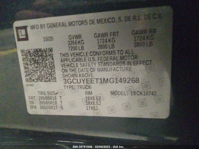 2021 Chevrolet Silverado 1500, VIN: 3GCUYEET1MG149268