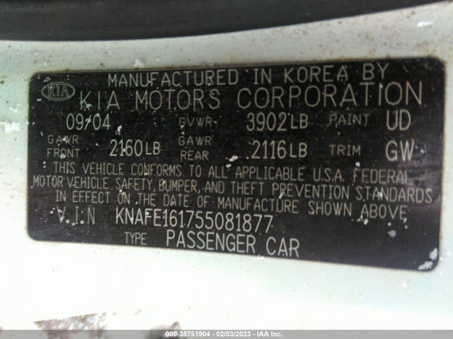 2005 KIA SPECTRA VIN: KNAFE161755081877
