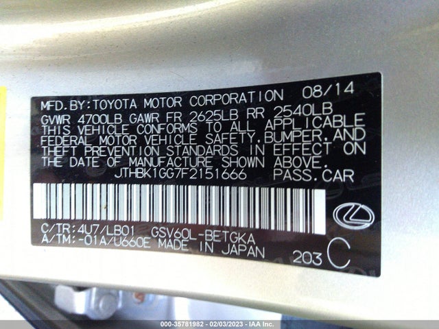 JTHBK1GG7F2151666 Lexus ES 350