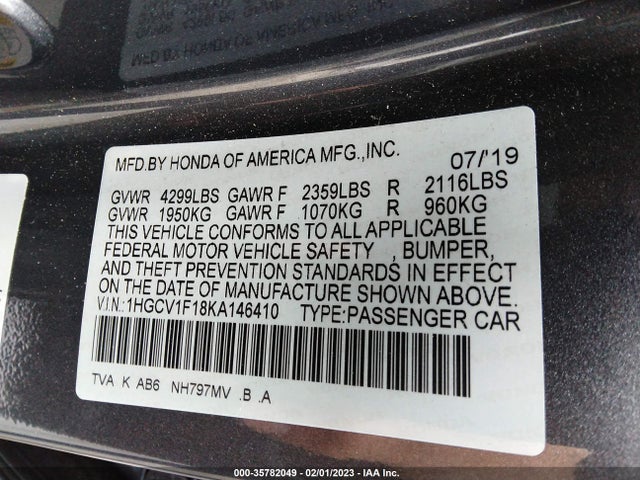 2019 HONDA ACCORD SEDAN LX 1.5T VIN: 1HGCV1F18KA146410
