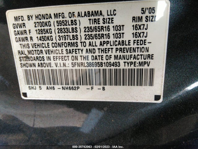 2005 HONDA ODYSSEY EX-L VIN: 5FNRL38695B109493