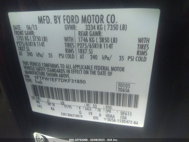 2013 FORD F-150 XL/XLT/FX4/LARIAT VIN: 1FTFW1EF7DKF31850