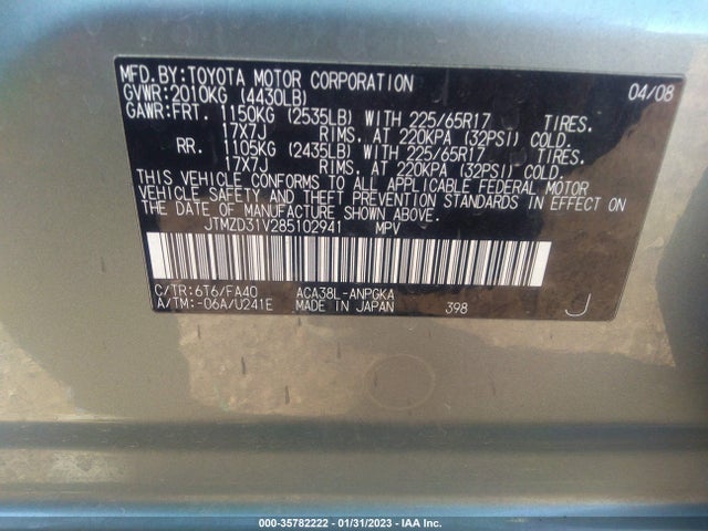 2008 TOYOTA RAV4 LTD VIN: JTMZD31V285102941