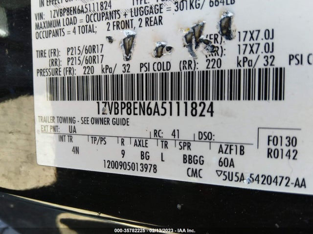 2010 FORD MUSTANG V6 VIN: 1ZVBP8EN6A5111824