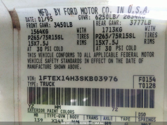 1995 FORD F150 VIN: 1FTEX14H3SKB03976