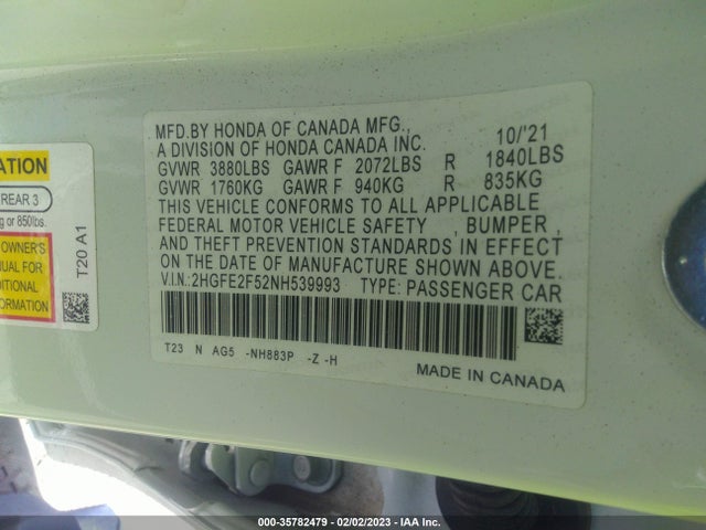 2022 HONDA CIVIC SEDAN SPORT VIN: 2HGFE2F52NH539993