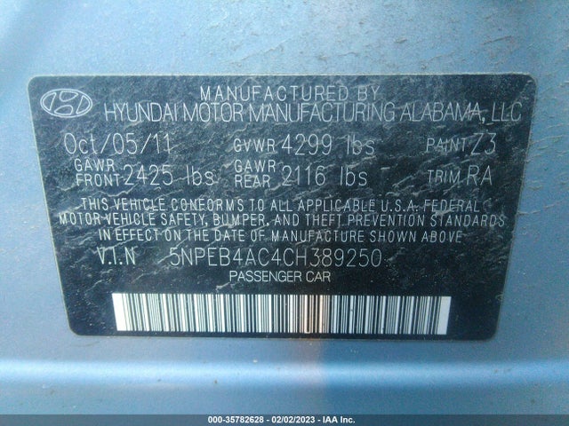 Aukcja sprzedaży 2012 Hyundai Sonata Gls, vin: 5NPEB4AC4CH389250, numer aukcji: 35782628