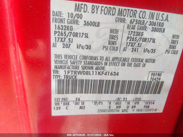 2001 FORD F-150 SUPERCREW XLT/LARIAT/KING RANCH VIN: 1FTRW08L11KF41634