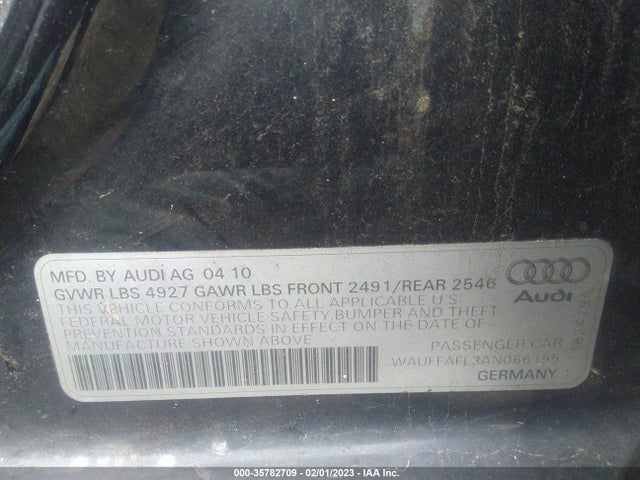 2010 AUDI A4 2.0T PREMIUM PLUS VIN: WAUFFAFL3AN066155