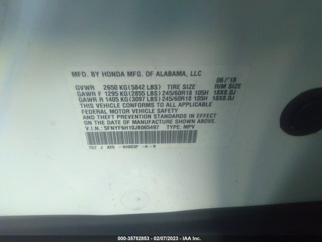2018 Honda Pilot, VIN: 5FNYF6H10JB065497