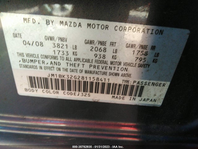 2008 MAZDA MAZDA3 I TOURING VALUE VIN: JM1BK32G281158411