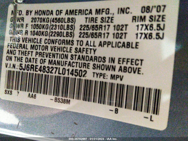 2007 HONDA CR-V LX VIN: 5J6RE48327L014502