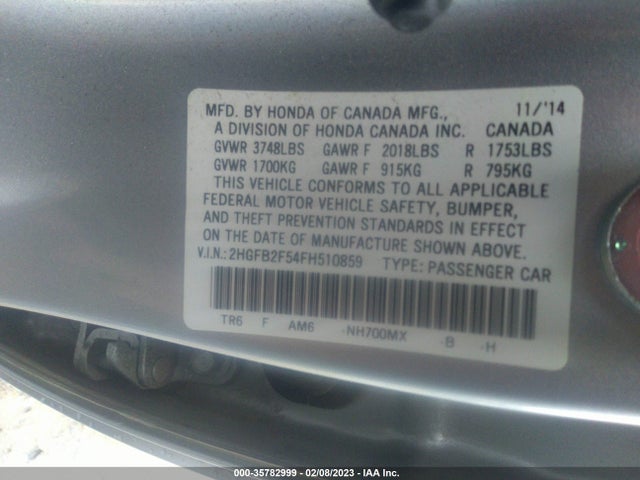 Honda CIVIC SEDAN 2015 2HGFB2F54FH510859 Image 10
