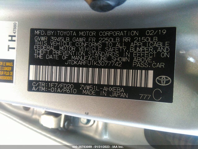 2019 Toyota Prius, VIN: JTDKARFU1K3077742