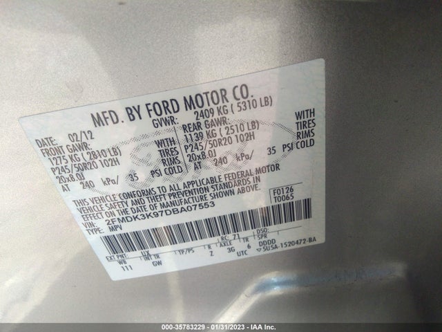 2013 FORD EDGE LIMITED VIN: 2FMDK3K97DBA07553