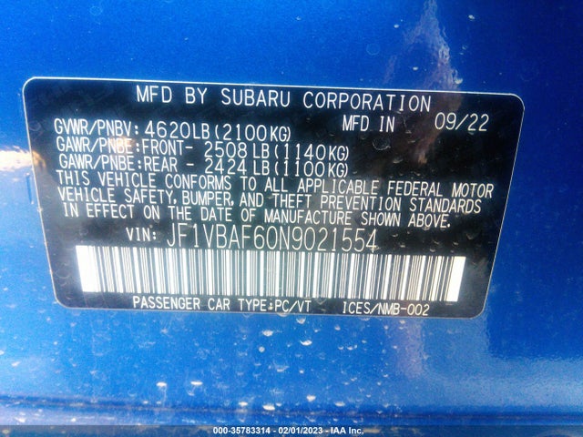 2022 Subaru WRX, VIN: JF1VBAF60N9021554