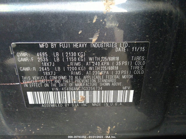 2016 Subaru Outback, VIN: 4S4BSANC7G3256734