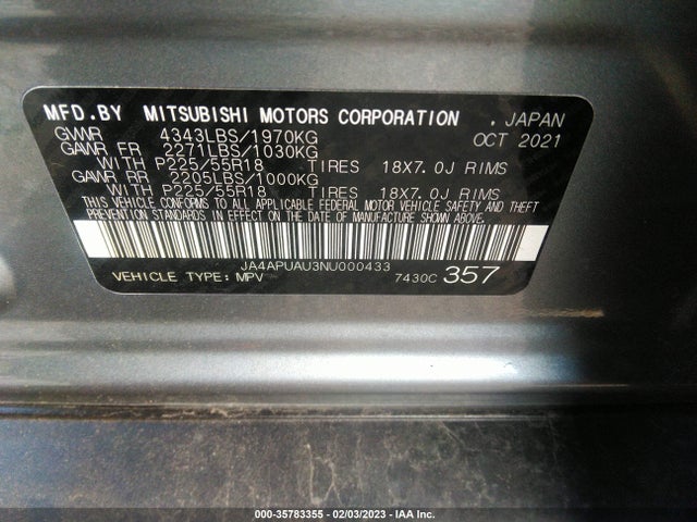 JA4APUAU3NU000433 Mitsubishi Outlander Sport Es/le/s/be