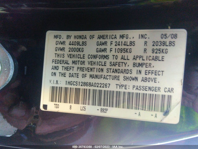 2008 HONDA ACCORD CPE EX-L VIN: 1HGCS12868A022267
