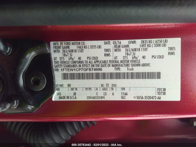2016 FORD F-150 XL/LARIAT/XLT VIN: 1FTEW1CP7GFB74996