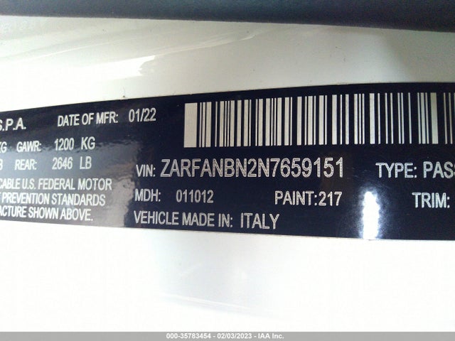 2022 Alfa Romeo Giulia, VIN: ZARFANBN2N7659151