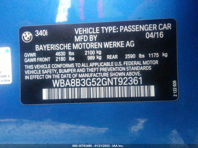 WBA8B3G52GNT92361 BMW 340i