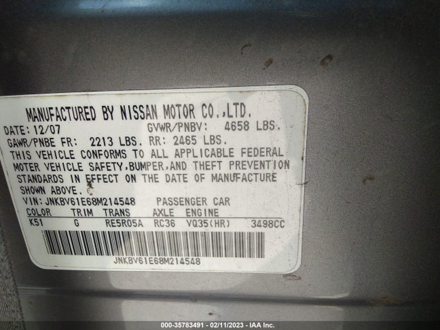 2008 INFINITI G35 SEDAN JOURNEY VIN: JNKBV61E68M214548