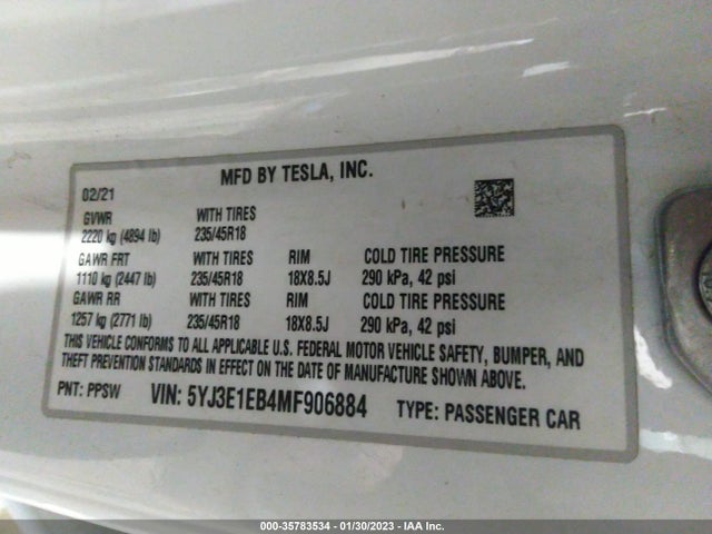 Tesla Model 3 Long Range 2021 5YJ3E1EB4MF906884 Image 11