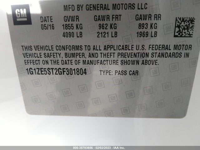 2016 CHEVROLET MALIBU LT VIN: 1G1ZE5ST2GF301804