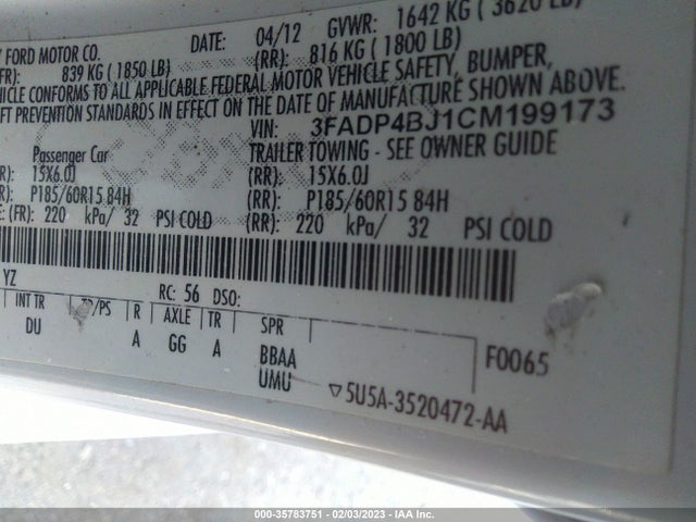 2012 FORD FIESTA SE VIN: 3FADP4BJ1CM199173