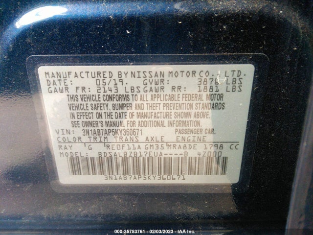 2019 NISSAN SENTRA S VIN: 3N1AB7AP5KY360671