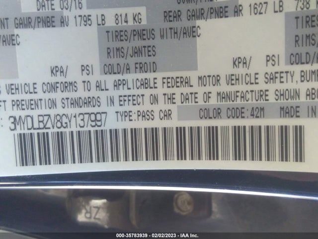 2016 SCION IA VIN: 3MYDLBZV8GY137997