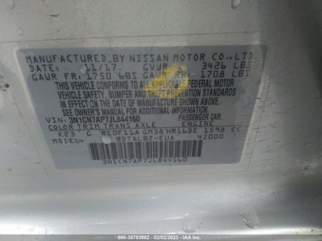 3N1CN7AP7JL844160 Nissan Versa Sedan Sv