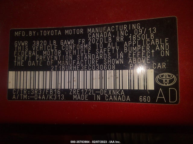 2014 TOYOTA COROLLA L/LE/S/S PLUS/LE PLUS VIN: 2T1BURHE3EC030608