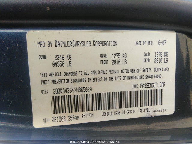2007 DODGE CHARGER VIN: 2B3KA43G47H865020