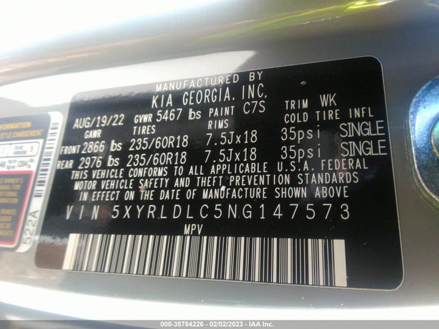 2022 KIA SORENTO X-LINE S VIN: 5XYRLDLC5NG147573