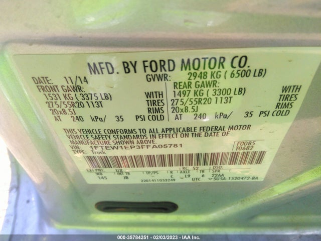 2015 FORD F-150 XLT/XL/LARIAT VIN: 1FTEW1EP3FFA05781
