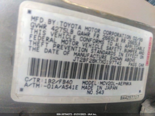 1999 TOYOTA CAMRY LE/XLE VIN: JT2BF28K7X0197745