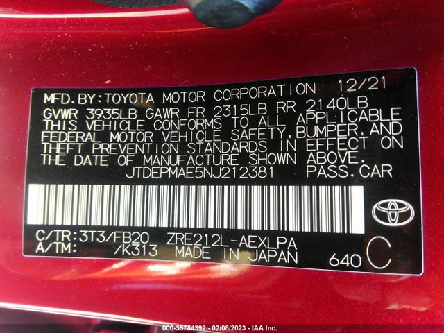 2022 TOYOTA COROLLA LE VIN: JTDEPMAE5NJ212381
